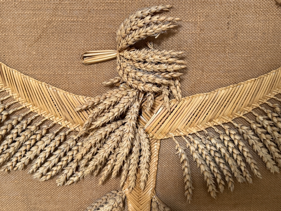 Just Added - Vintage Folk Art Woven Straw Corn Dolly Wheat Sheaf Eagle Bird Sculpture Mounted On Burlap Stretched Canvas Panel 31' X 25' [Photo 4]