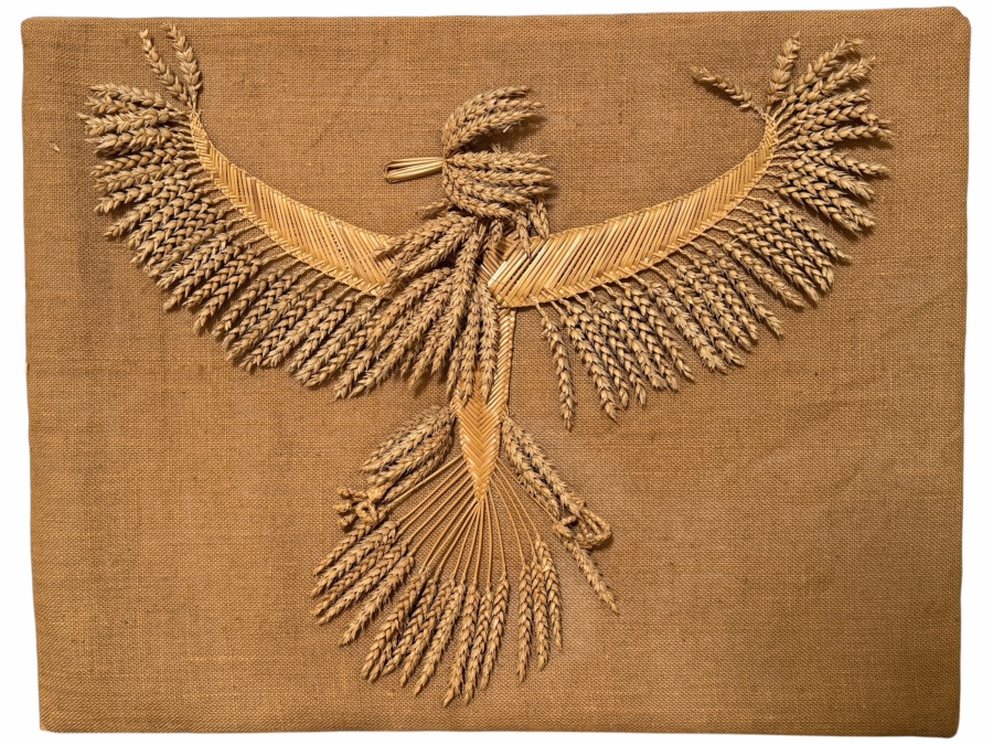 Just Added - Vintage Folk Art Woven Straw Corn Dolly Wheat Sheaf Eagle Bird Sculpture Mounted On Burlap Stretched Canvas Panel 31' X 25'