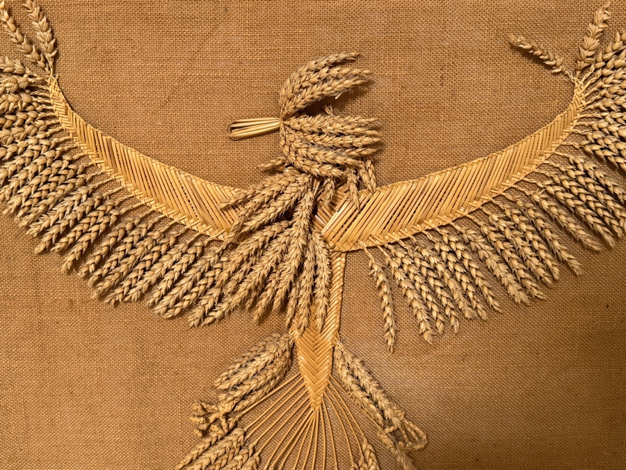 Just Added - Vintage Folk Art Woven Straw Corn Dolly Wheat Sheaf Eagle Bird Sculpture Mounted On Burlap Stretched Canvas Panel 31' X 25' [Photo 3]