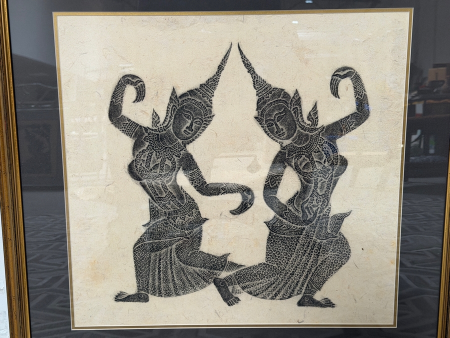 Just Added - Vintage Mid Century Thai Charcoal Temple Rubbing On Handmade Rice Paper Mirrored Traditional Dancers Elegant Gilt Frame 20' X 20' Framed: 28' X 27.5' [Photo 2]
