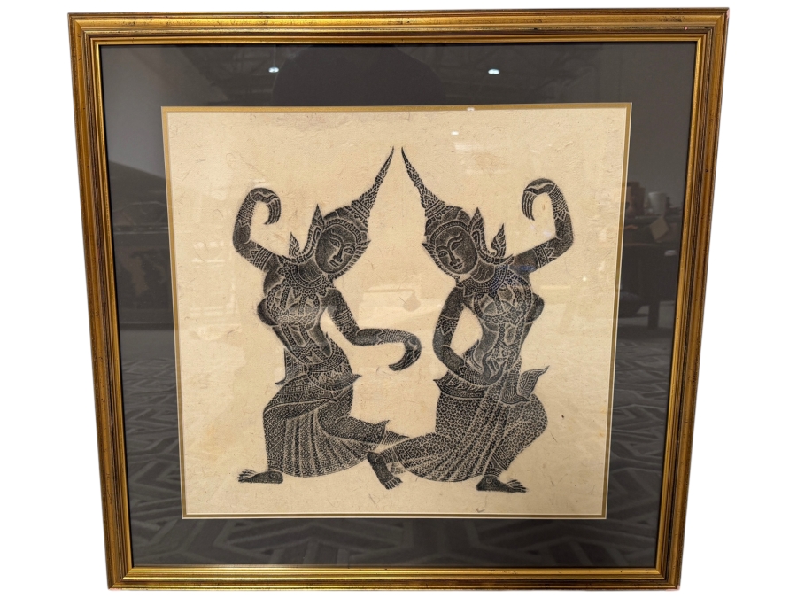 Just Added - Vintage Mid Century Thai Charcoal Temple Rubbing On Handmade Rice Paper Mirrored Traditional Dancers Elegant Gilt Frame 20' X 20' Framed: 28' X 27.5'