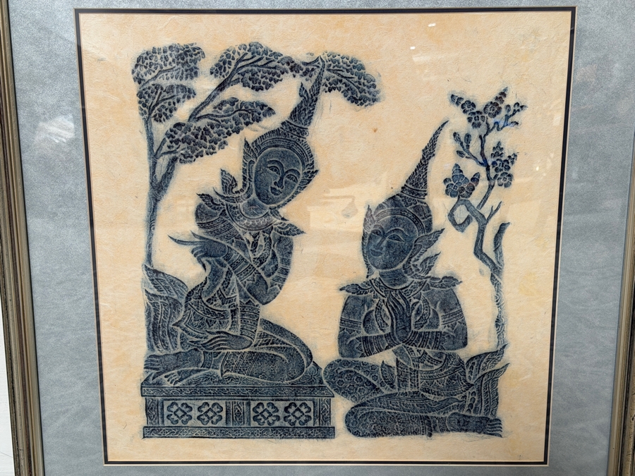 Just Added - Vintage Mid Century Thai Blue Temple Rubbing On Handmade Rice Paper Seated Courtiers Elegant Silver Gilt Frame 19 X 20 Framed: 27.5 X 27.5 [Photo 2]