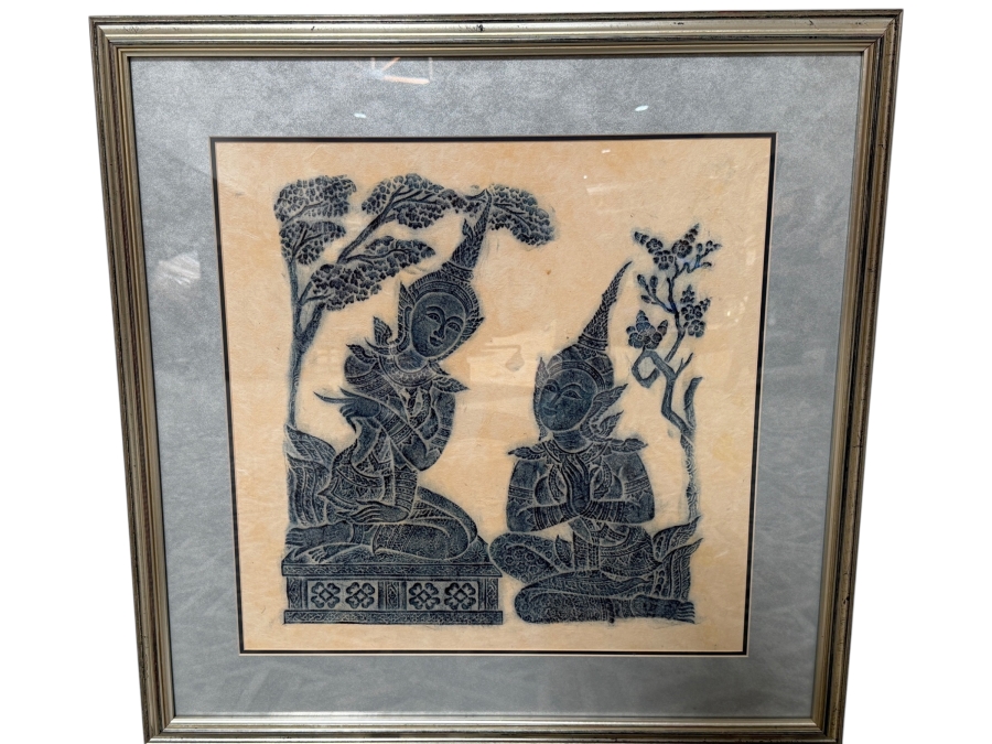 Just Added - Vintage Mid Century Thai Blue Temple Rubbing On Handmade Rice Paper Seated Courtiers Elegant Silver Gilt Frame 19 X 20 Framed: 27.5 X 27.5
