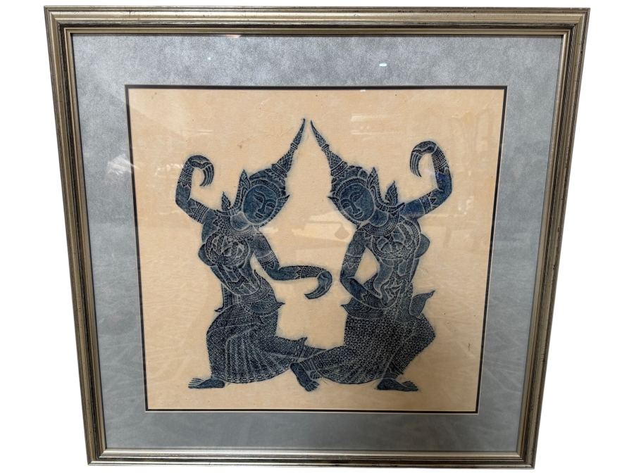 Just Added - Vintage Mid Century Thai Blue Temple Rubbing On Handmade Rice Paper Mirrored Traditional Dancers Elegant Silver Gilt Frame 20 X 20 Framed: 27.5' X 27.5'