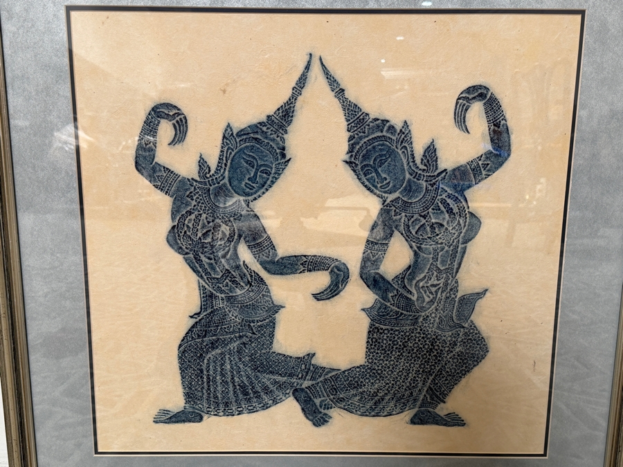 Just Added - Vintage Mid Century Thai Blue Temple Rubbing On Handmade Rice Paper Mirrored Traditional Dancers Elegant Silver Gilt Frame 20 X 20 Framed: 27.5' X 27.5' [Photo 2]