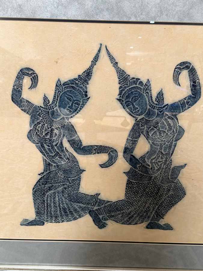 Just Added - Vintage Mid Century Thai Blue Temple Rubbing On Handmade Rice Paper Mirrored Traditional Dancers Elegant Silver Gilt Frame 20 X 20 Framed: 27.5' X 27.5' [Photo 3]