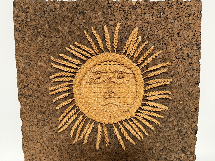 Just Added - Vintage Folk Art Woven Straw Corn Dolly Wheat Sheaf Sunburst Sun Face Wall Sculpture Mounted On Textured Cork Board 24 X 23 [Photo 2]
