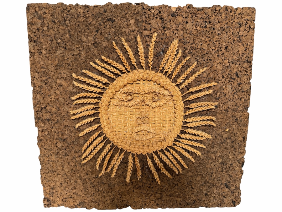 Just Added - Vintage Folk Art Woven Straw Corn Dolly Wheat Sheaf Sunburst Sun Face Wall Sculpture Mounted On Textured Cork Board 24 X 23
