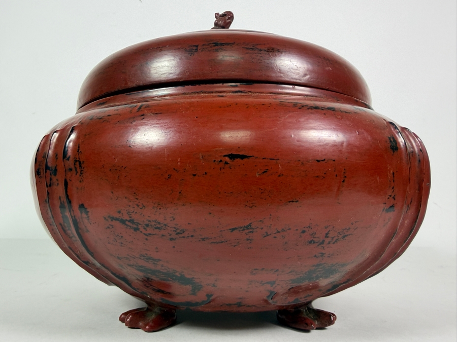 Large Red Lacquer Myanmar Burmese Footed Storage Box With Elephant Finial 12W X 10.5H [Photo 7]