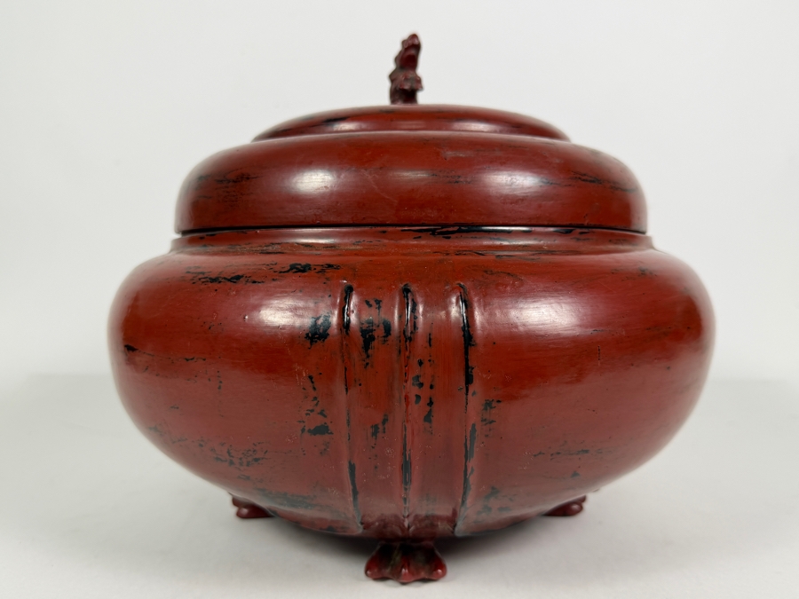Large Red Lacquer Myanmar Burmese Footed Storage Box With Elephant Finial 12W X 10.5H [Photo 8]