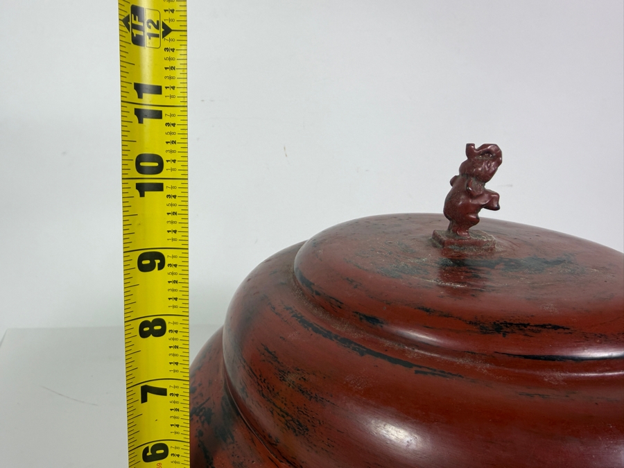 Large Red Lacquer Myanmar Burmese Footed Storage Box With Elephant Finial 12W X 10.5H [Photo 12]