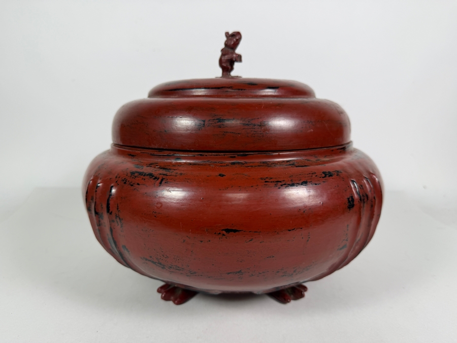 Large Red Lacquer Myanmar Burmese Footed Storage Box With Elephant Finial 12W X 10.5H [Photo 4]