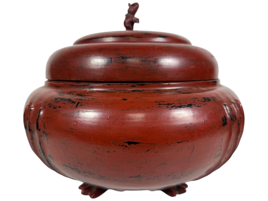 Large Red Lacquer Myanmar Burmese Footed Storage Box With Elephant Finial 12W X 10.5H