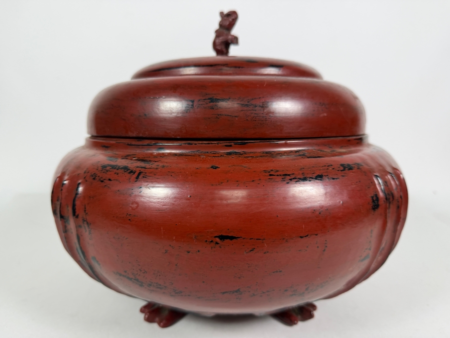 Large Red Lacquer Myanmar Burmese Footed Storage Box With Elephant Finial 12W X 10.5H [Photo 2]