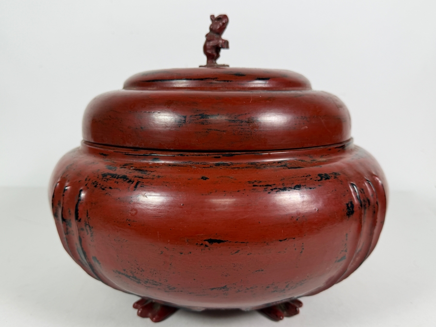 Large Red Lacquer Myanmar Burmese Footed Storage Box With Elephant Finial 12W X 10.5H [Photo 5]