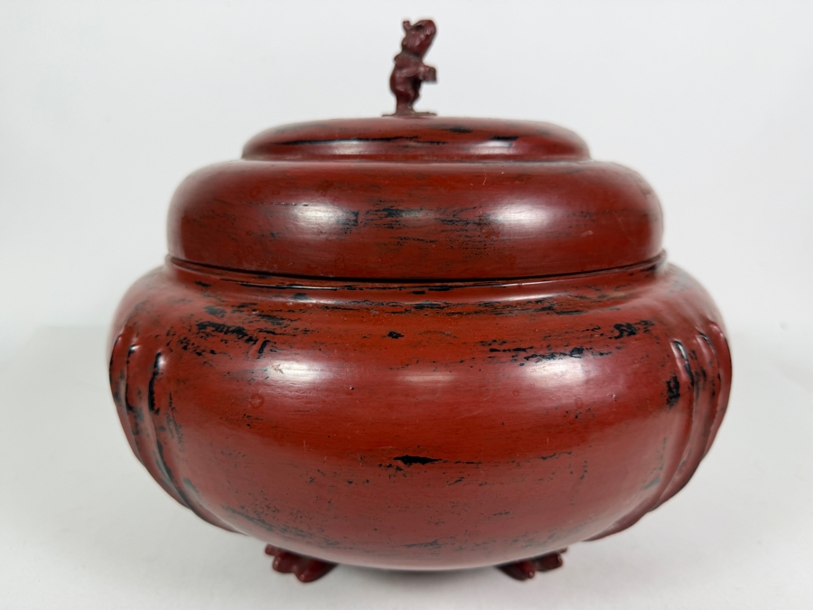 Large Red Lacquer Myanmar Burmese Footed Storage Box With Elephant Finial 12W X 10.5H [Photo 3]