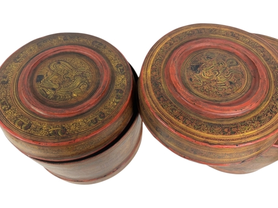 Fine Hand-painted Lacquer Myanmar Burmese Betel Box (Kun-it) 10.5W X 9.5H [Photo 2]