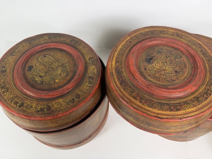 Fine Hand-painted Lacquer Myanmar Burmese Betel Box (Kun-it) 10.5W X 9.5H [Photo 21]