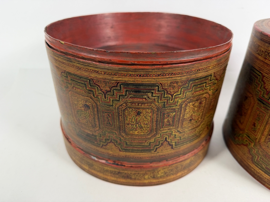 Fine Hand-painted Lacquer Myanmar Burmese Betel Box (Kun-it) 10.5W X 9.5H [Photo 11]