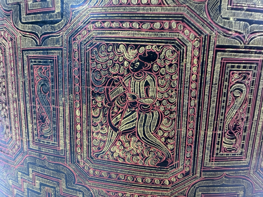 Fine Hand-painted Lacquer Myanmar Burmese Betel Box (Kun-it) 10.5W X 9.5H [Photo 7]