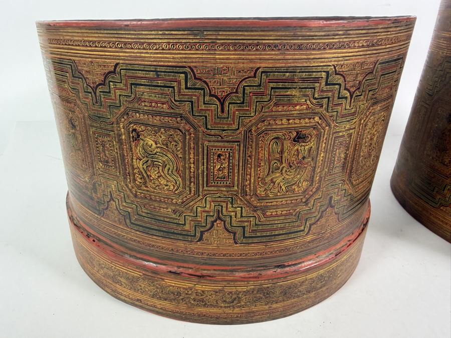 Fine Hand-painted Lacquer Myanmar Burmese Betel Box (Kun-it) 10.5W X 9.5H [Photo 14]