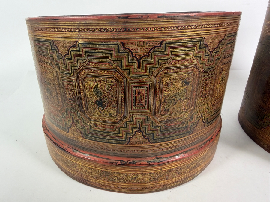 Fine Hand-painted Lacquer Myanmar Burmese Betel Box (Kun-it) 10.5W X 9.5H [Photo 15]
