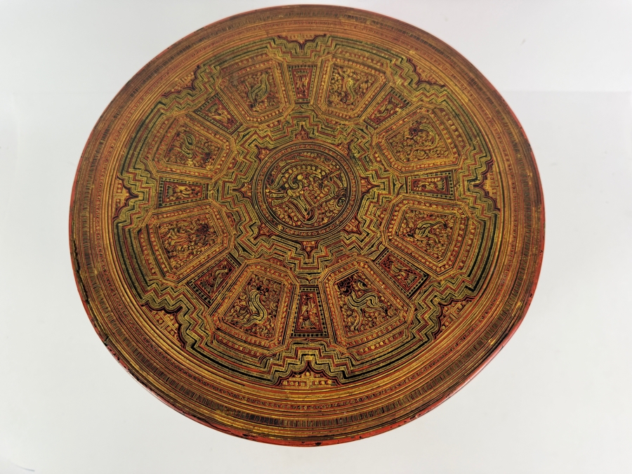 Fine Hand-painted Lacquer Myanmar Burmese Betel Box (Kun-it) 10.5W X 9.5H [Photo 8]
