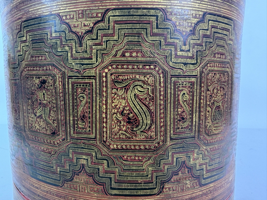 Fine Hand-painted Lacquer Myanmar Burmese Betel Box (Kun-it) 10.5W X 9.5H [Photo 5]
