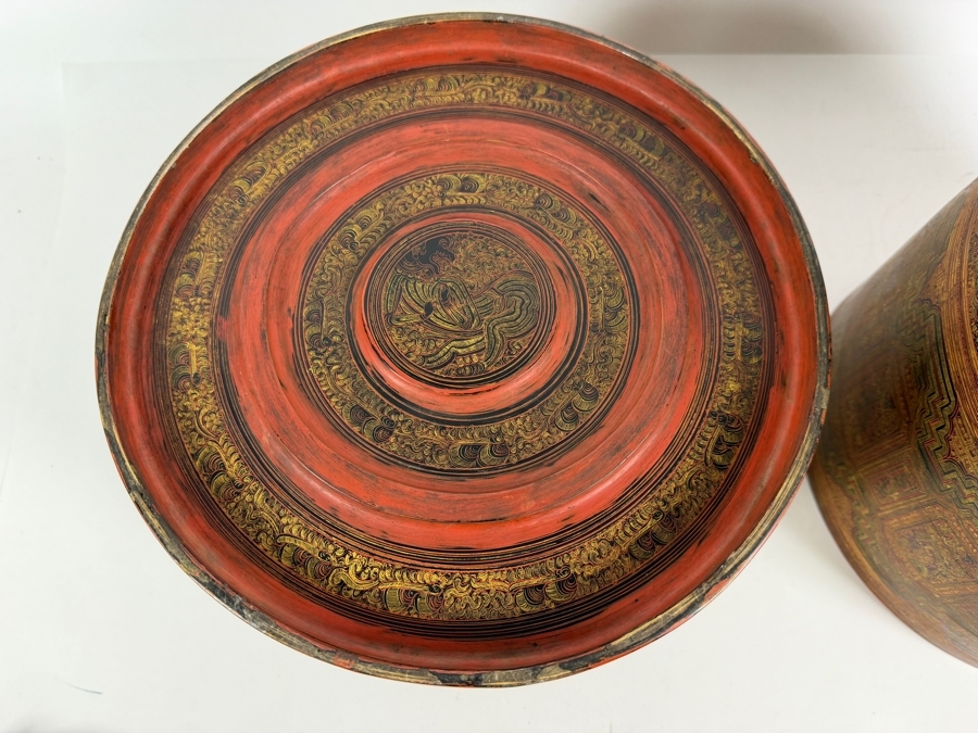 Fine Hand-painted Lacquer Myanmar Burmese Betel Box (Kun-it) 10.5W X 9.5H [Photo 17]