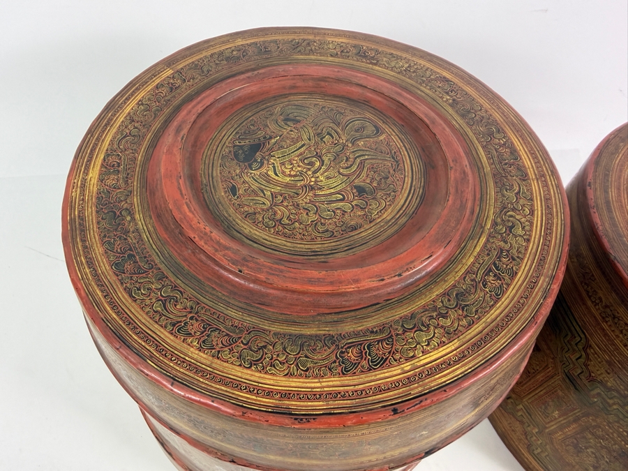 Fine Hand-painted Lacquer Myanmar Burmese Betel Box (Kun-it) 10.5W X 9.5H [Photo 12]