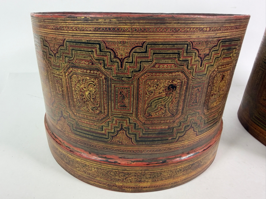 Fine Hand-painted Lacquer Myanmar Burmese Betel Box (Kun-it) 10.5W X 9.5H [Photo 13]