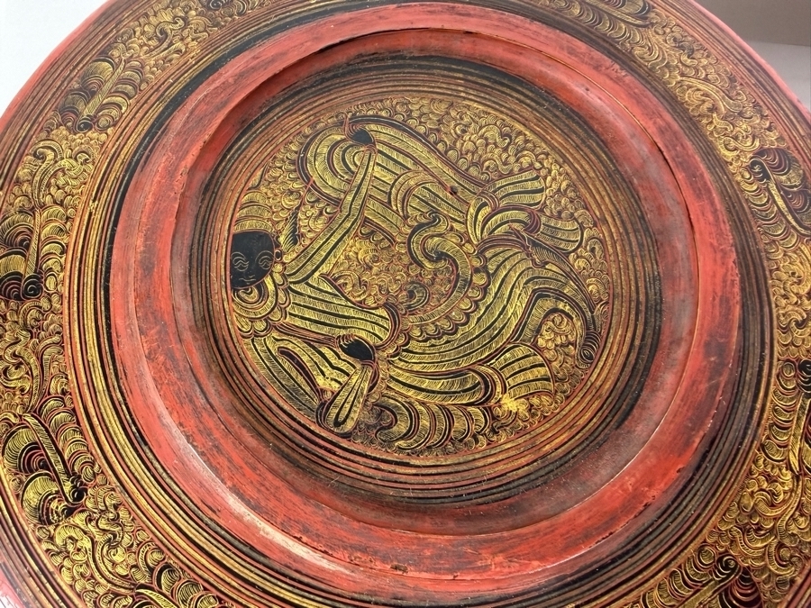 Fine Hand-painted Lacquer Myanmar Burmese Betel Box (Kun-it) 10.5W X 9.5H [Photo 22]