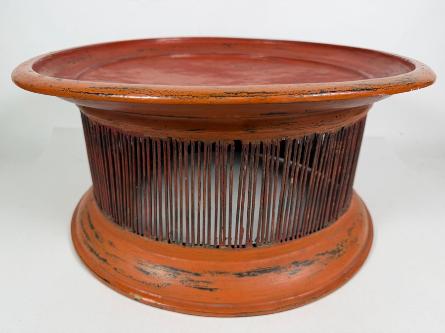 Vintage Red Lacquered Myanmar Burmese Offering Tray 18W X 8.5H [Photo 3]