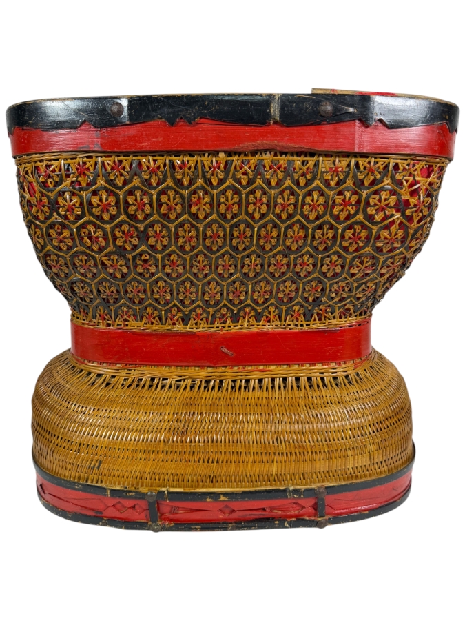 Vintage Chinese Woven Bamboo Hourglass Basket 16W X 9.5D X 14H