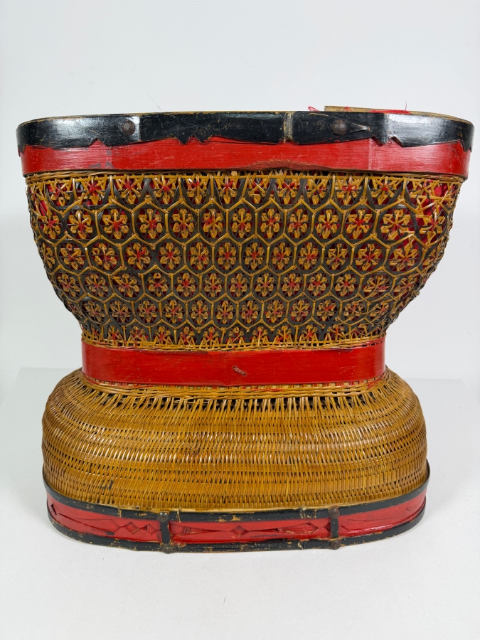 Vintage Chinese Woven Bamboo Hourglass Basket 16W X 9.5D X 14H [Photo 2]