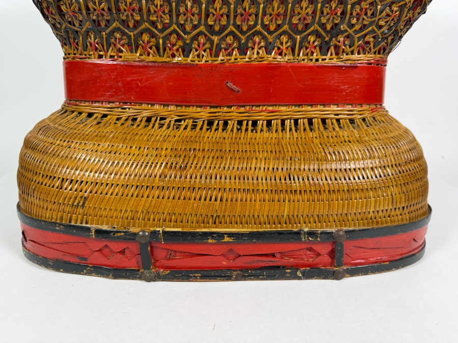 Vintage Chinese Woven Bamboo Hourglass Basket 16W X 9.5D X 14H [Photo 3]