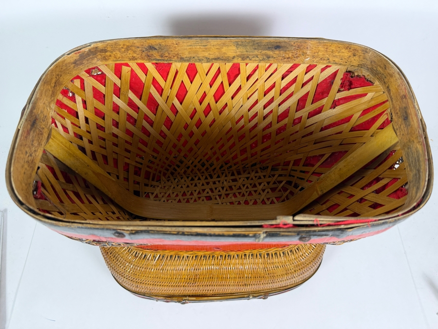 Vintage Chinese Woven Bamboo Hourglass Basket 16W X 9.5D X 14H [Photo 5]