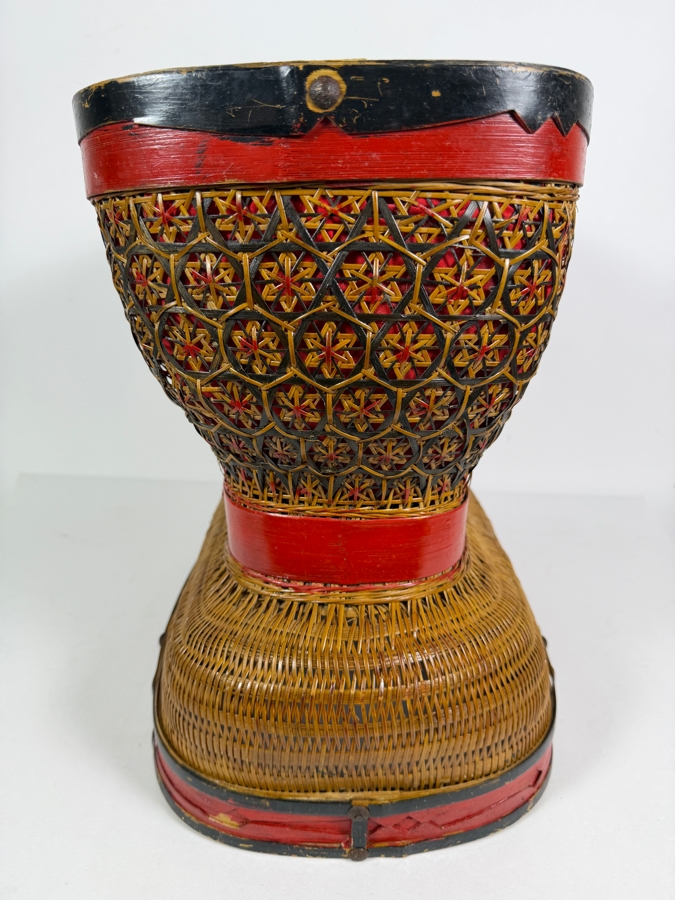 Vintage Chinese Woven Bamboo Hourglass Basket 16W X 9.5D X 14H [Photo 6]