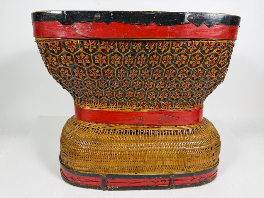 Vintage Chinese Woven Bamboo Hourglass Basket 16W X 9.5D X 14H [Photo 7]