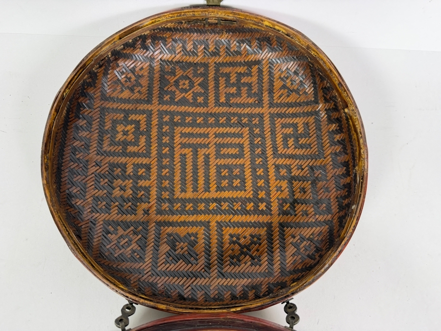 Antique Chinese Hand-painted Round Woven Basket with Designs Woven Inside - See Photos 11W X 6H [Photo 10]