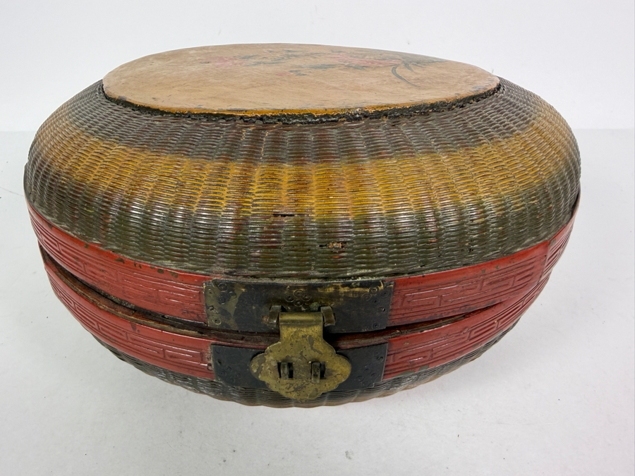 Antique Chinese Hand-painted Round Woven Basket with Designs Woven Inside - See Photos 11W X 6H [Photo 5]