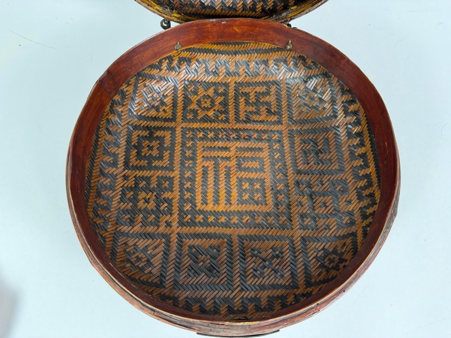 Antique Chinese Hand-painted Round Woven Basket with Designs Woven Inside - See Photos 11W X 6H [Photo 11]