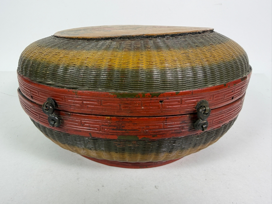 Antique Chinese Hand-painted Round Woven Basket with Designs Woven Inside - See Photos 11W X 6H [Photo 8]