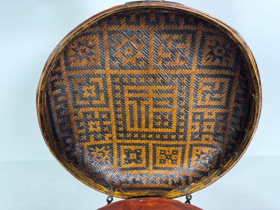 Antique Chinese Hand-painted Round Woven Basket with Designs Woven Inside - See Photos 11W X 6H [Photo 12]