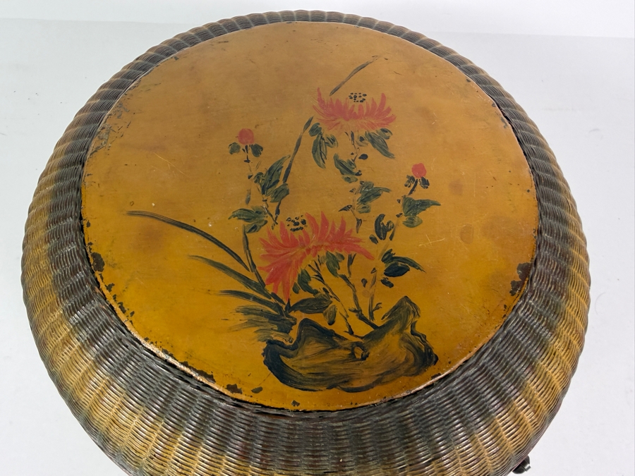 Antique Chinese Hand-painted Round Woven Basket with Designs Woven Inside - See Photos 11W X 6H [Photo 6]