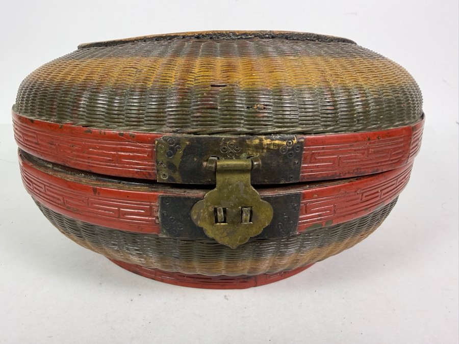 Antique Chinese Hand-painted Round Woven Basket with Designs Woven Inside - See Photos 11W X 6H [Photo 9]
