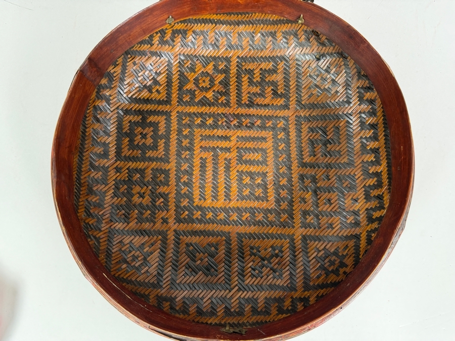 Antique Chinese Hand-painted Round Woven Basket with Designs Woven Inside - See Photos 11W X 6H [Photo 2]