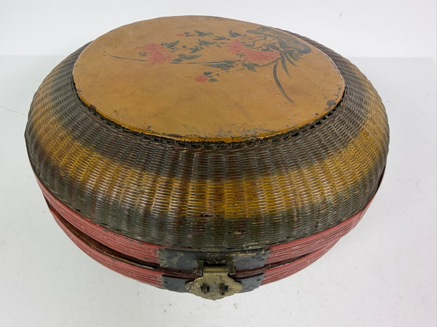 Antique Chinese Hand-painted Round Woven Basket with Designs Woven Inside - See Photos 11W X 6H [Photo 4]