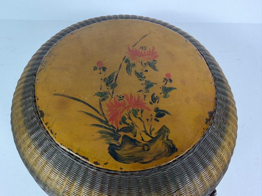 Antique Chinese Hand-painted Round Woven Basket with Designs Woven Inside - See Photos 11W X 6H [Photo 7]