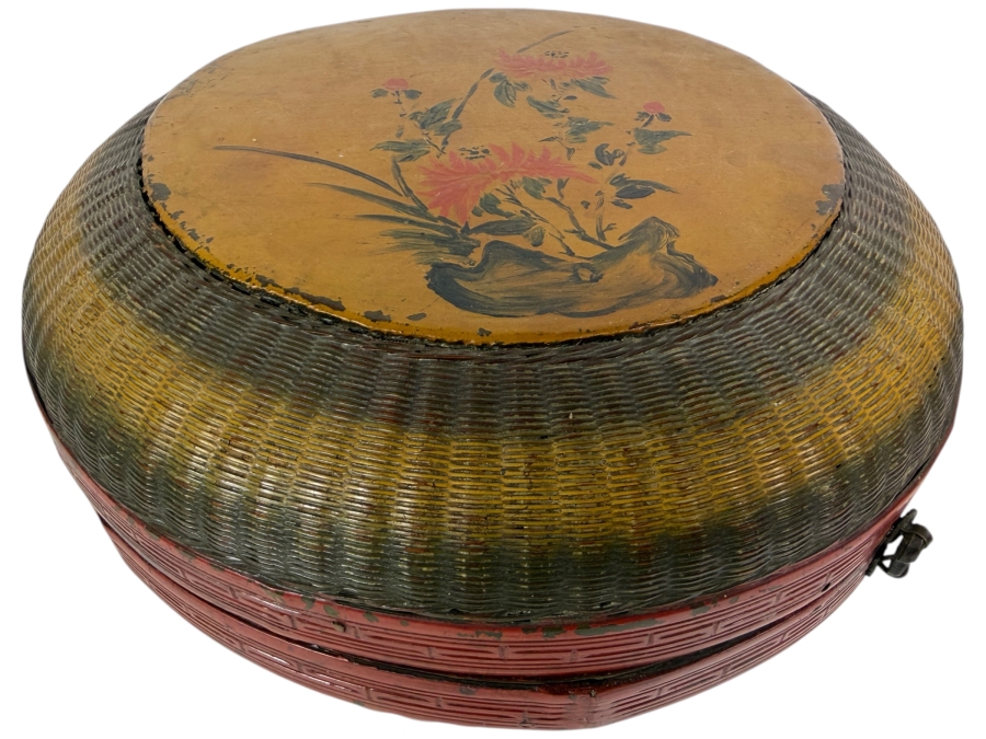 Antique Chinese Hand-painted Round Woven Basket with Designs Woven Inside - See Photos 11W X 6H